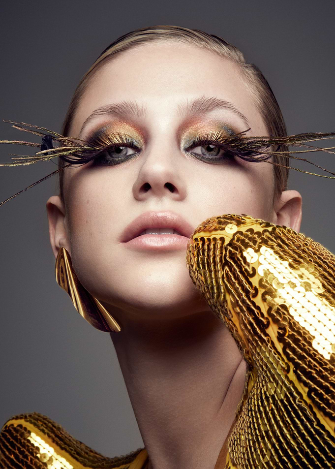 Glamorous Lili Reinhart with Feather Lashes and Sequins