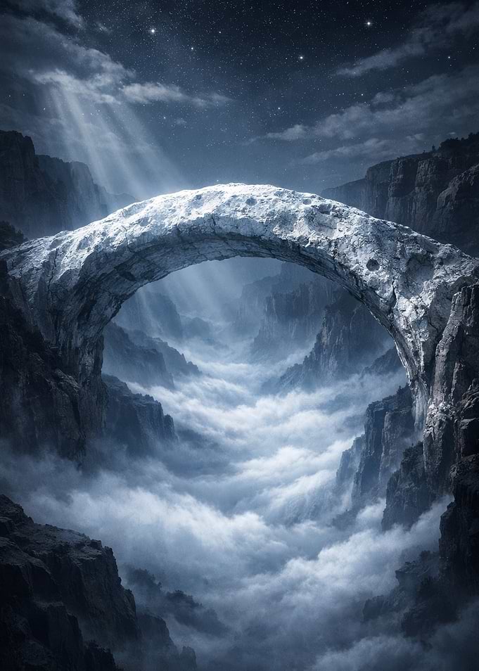 Ethereal Stone Bridge Over Misty Mountains