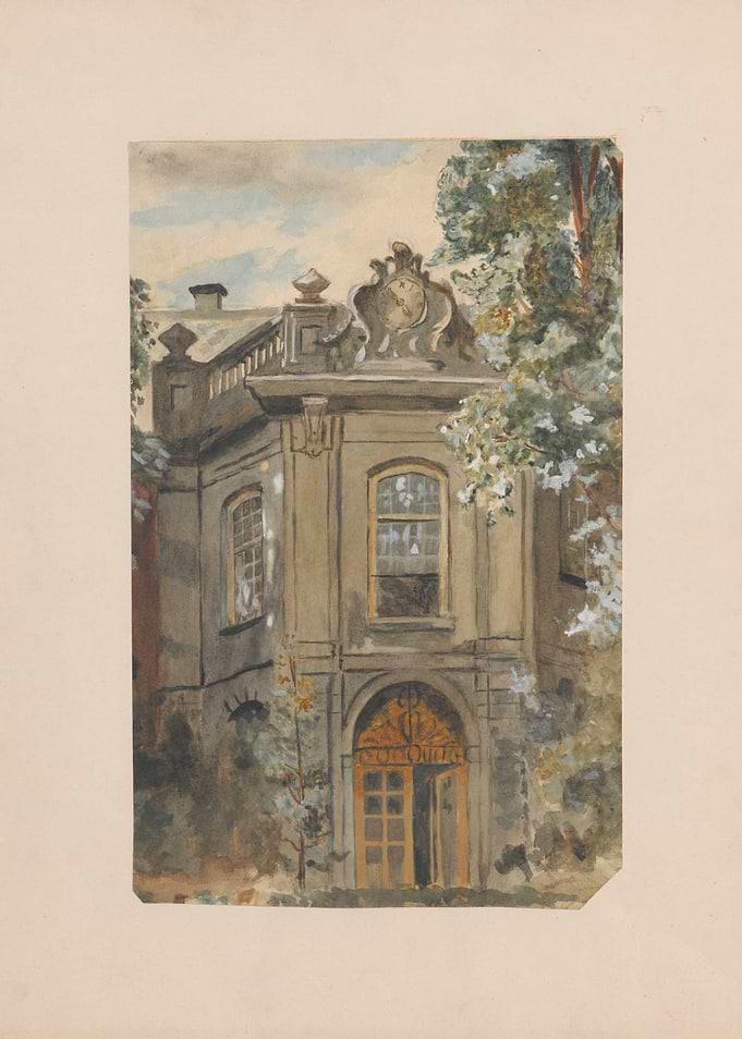 Watercolor painting of an old building facade