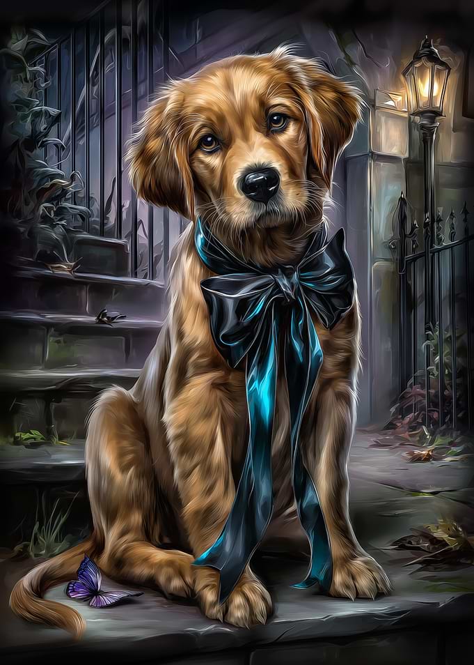 Golden Retriever Puppy with Blue Bow