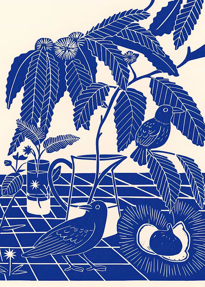 Birds and Botanicals in Blue and Cream