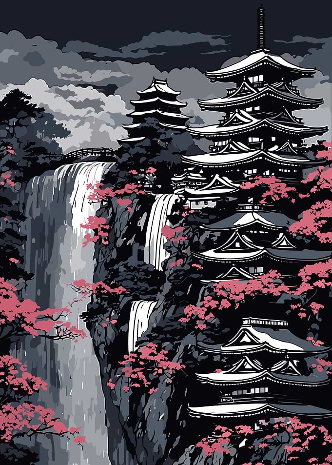 Japanese Pagodas and Waterfall