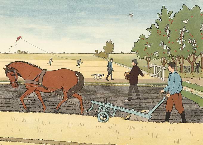 Rural scene with horse-drawn plow