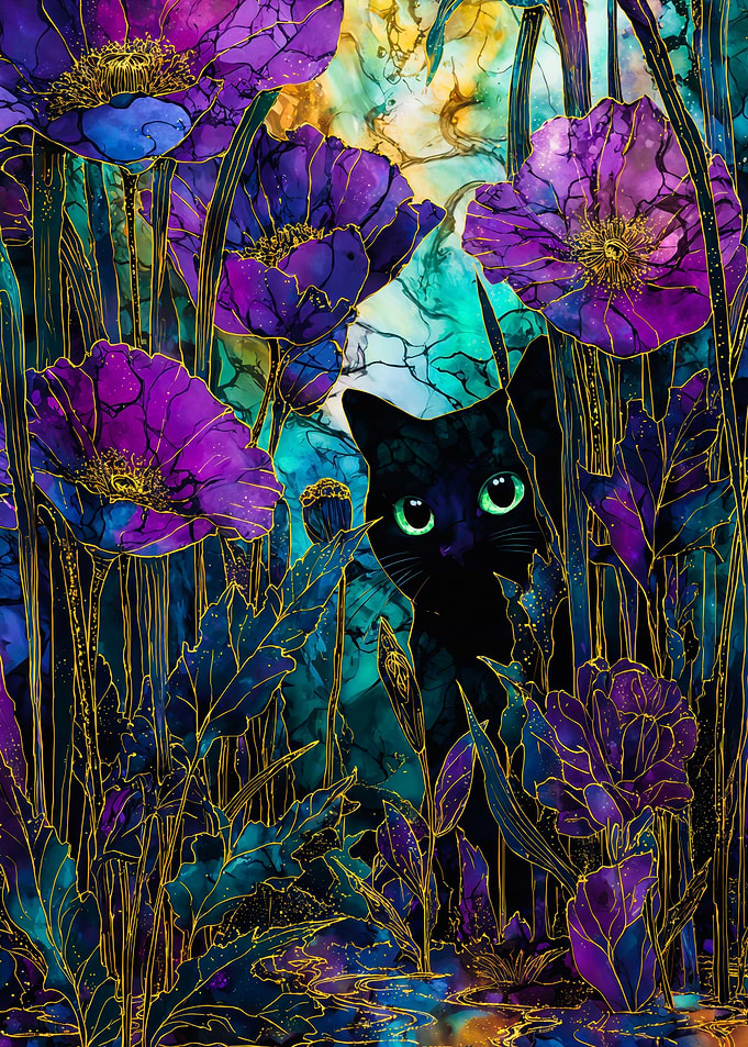 Black Cat Behind Purple Poppies