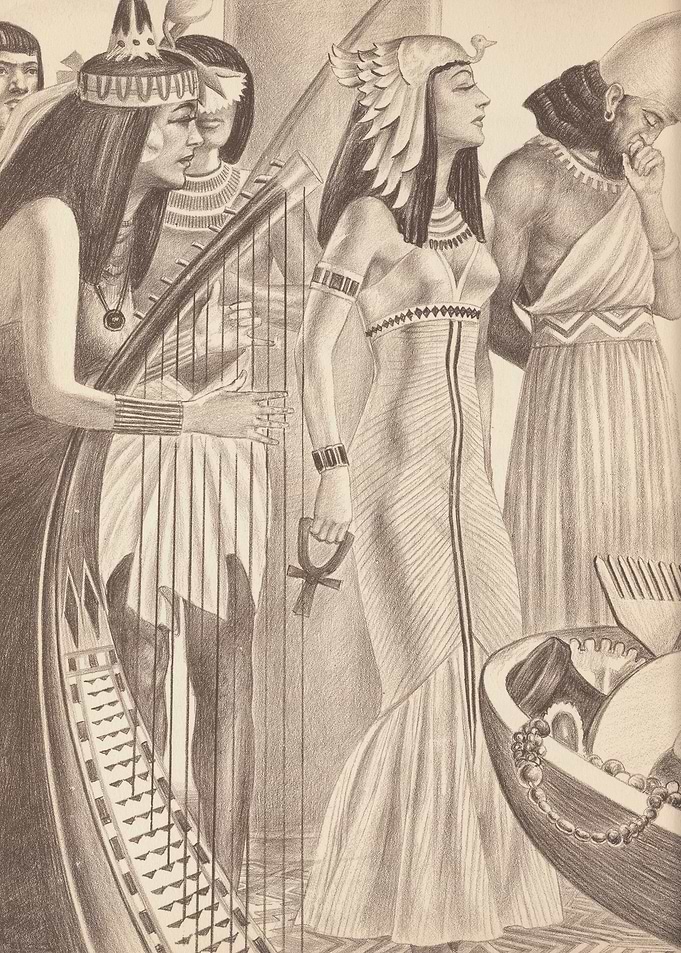 Ancient Egyptian Scene with Harp and Ankh
