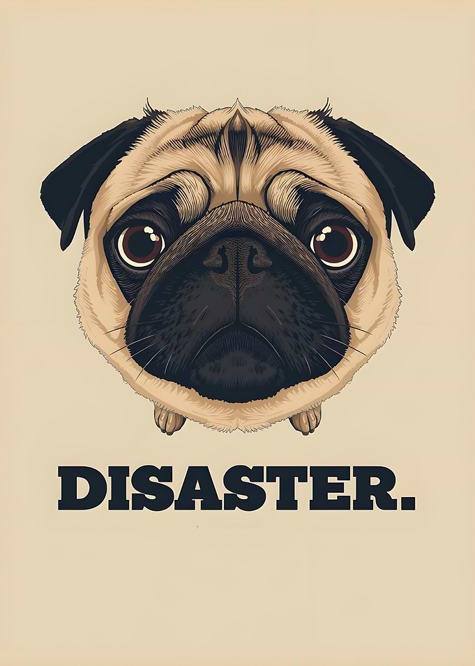 Sad Pug Dog with 'DISASTER' Text