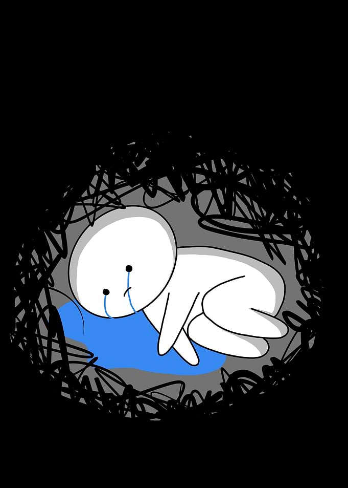 Sad character crying in a nest