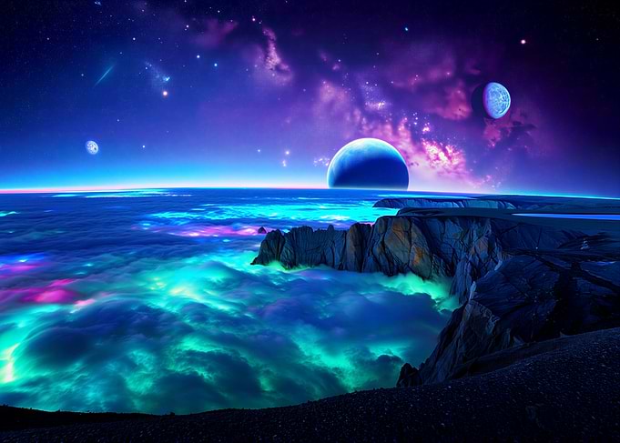 Cosmic Cliffs Under Neon Skies