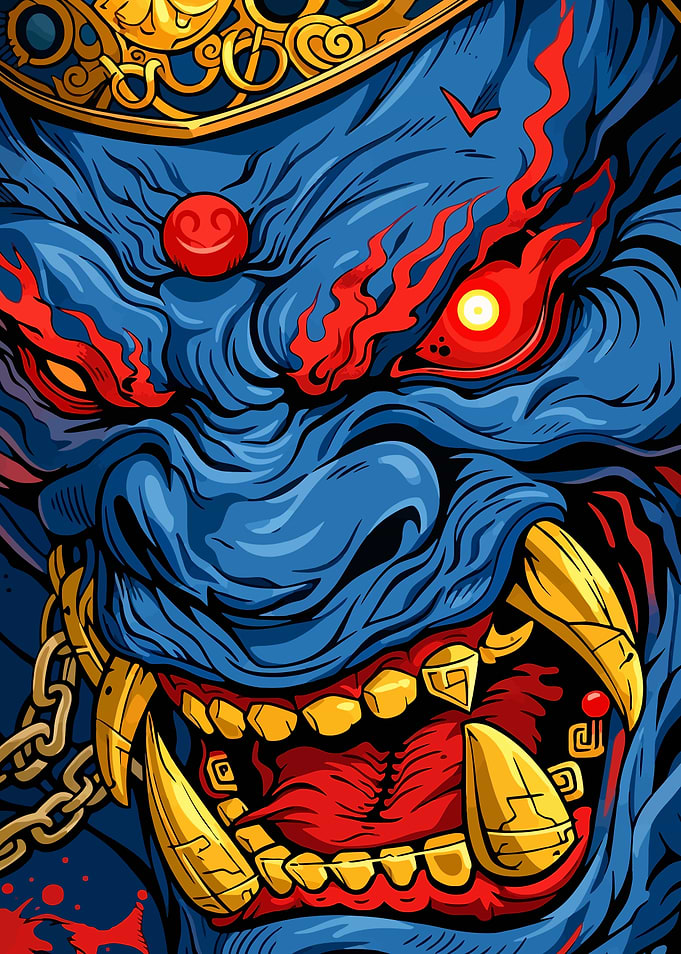 Blue Oni Monster with Fiery Eyes