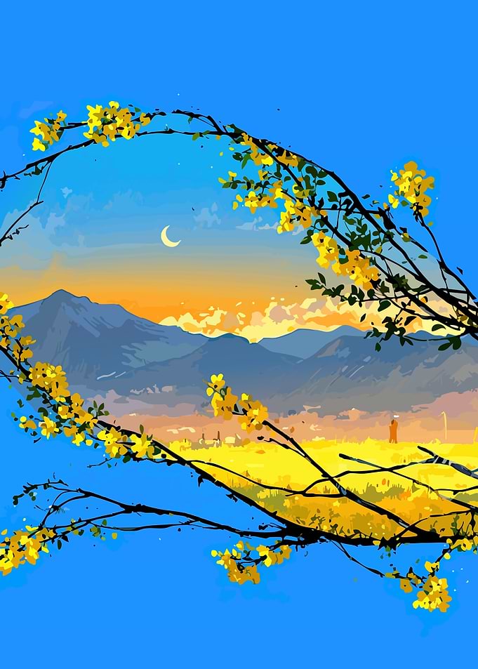 Sunrise over mountains with floral frame