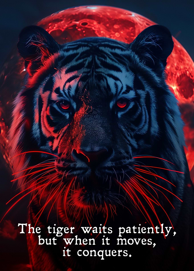 Tiger with Red Moon and Quote