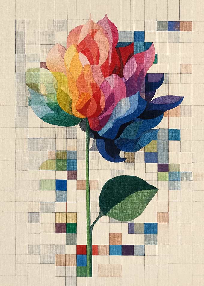 Rainbow Flower with Pixelated Background