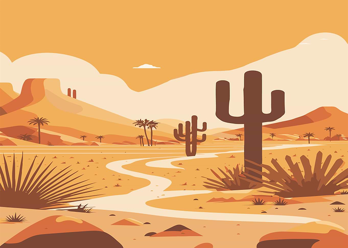 Desert Landscape with Cacti and Mountains