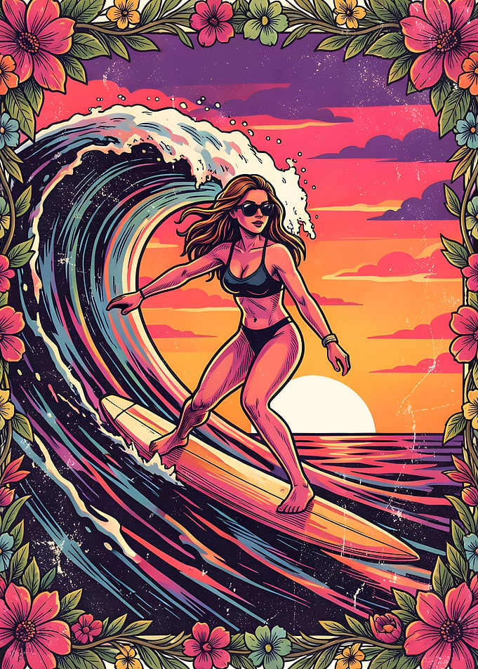 Surfer Girl at Sunset Retro Illustration