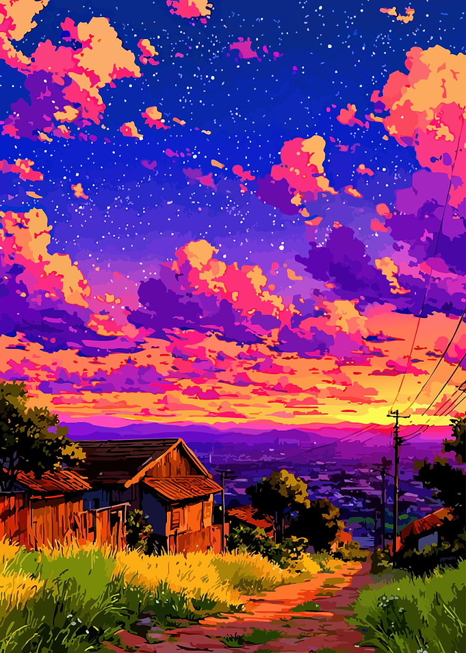 Anime Sunset Over Rural Town