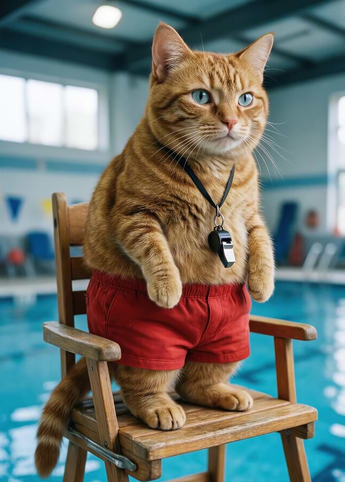Cat Lifeguard at Pool