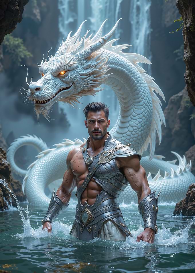 Fantasy Warrior and White Dragon by Waterfall
