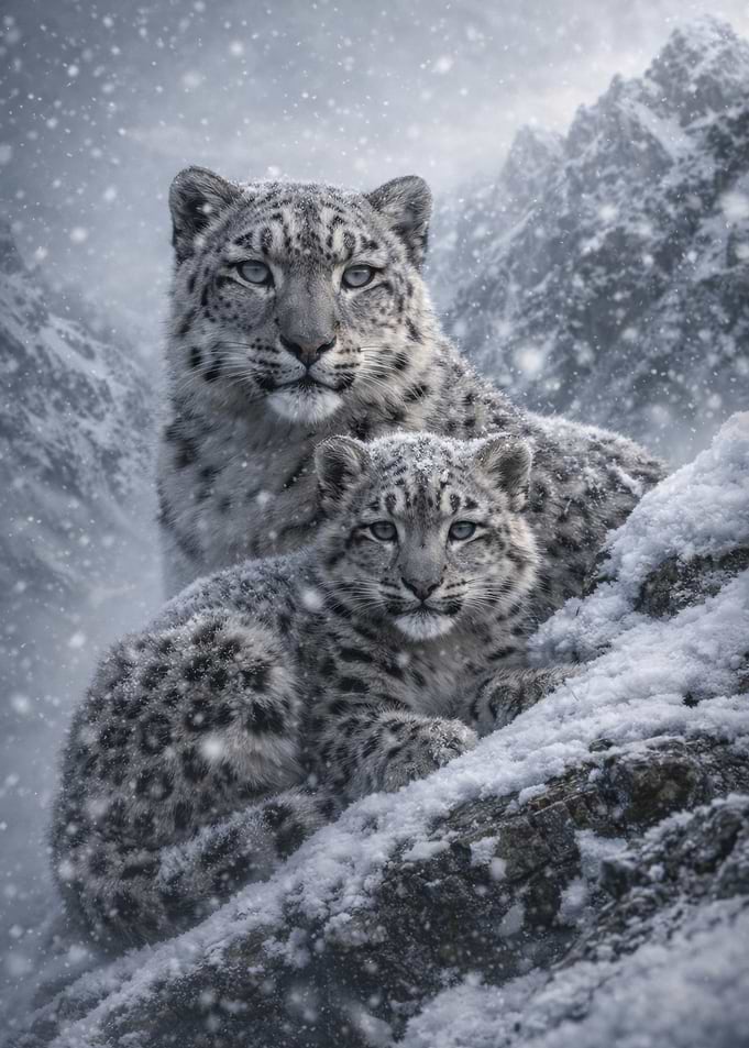 Snow Leopard Mother and Cub in Snow