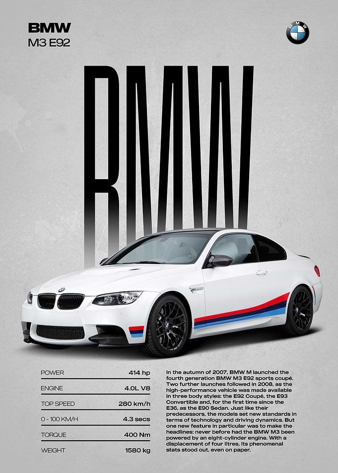 BMW M3 E92 Car Poster
