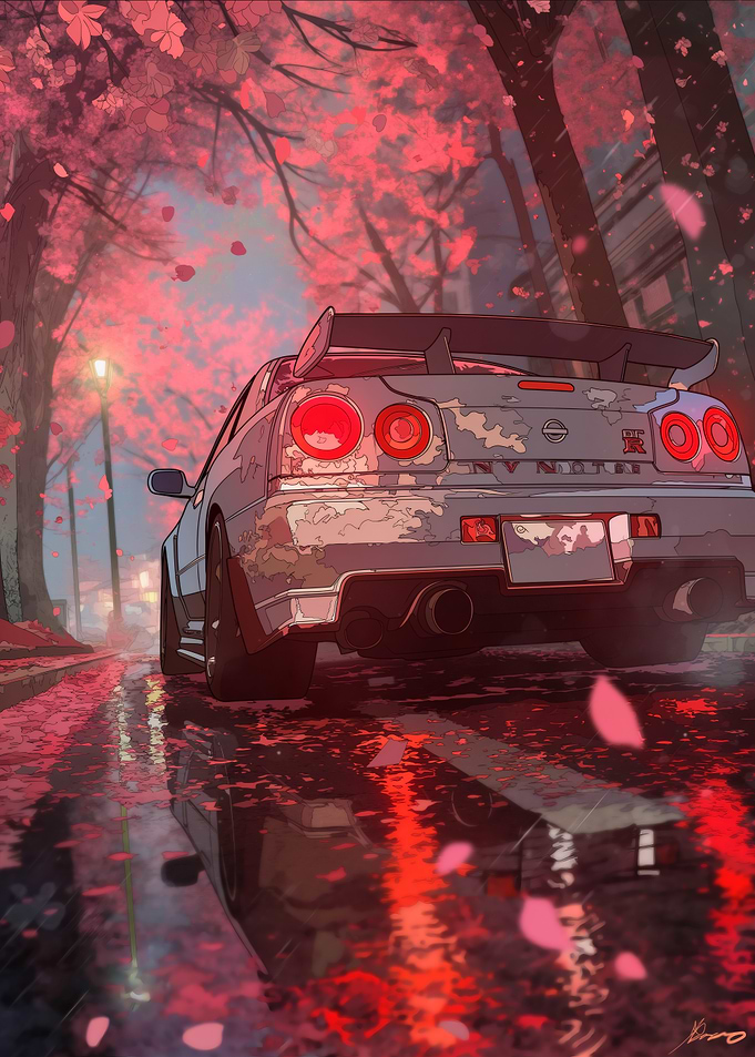 Nissan Skyline GT-R R34 in Cherry Blossoms