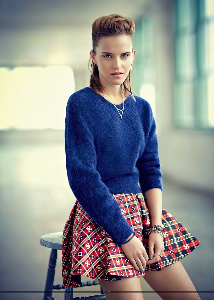 Emma Watson in Blue Sweater and Plaid Skirt