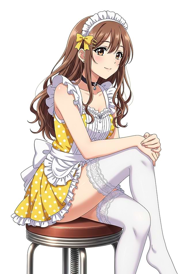 Anime Maid Girl in Yellow Polka Dot Dress