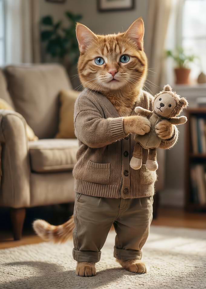 Cute Anthropomorphic Cat with Teddy Bear