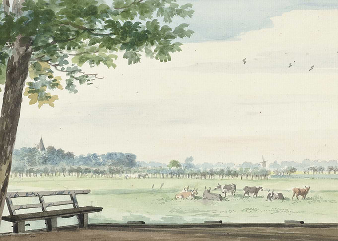 Pastoral Landscape with Cows and Bench