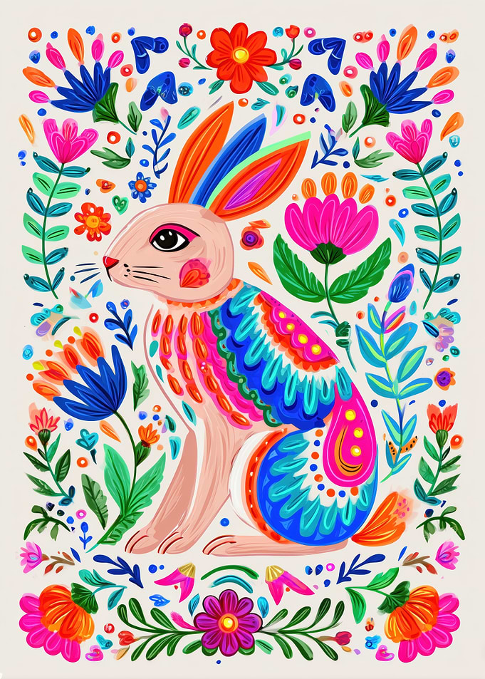 Colorful Folk Art Rabbit with Flowers