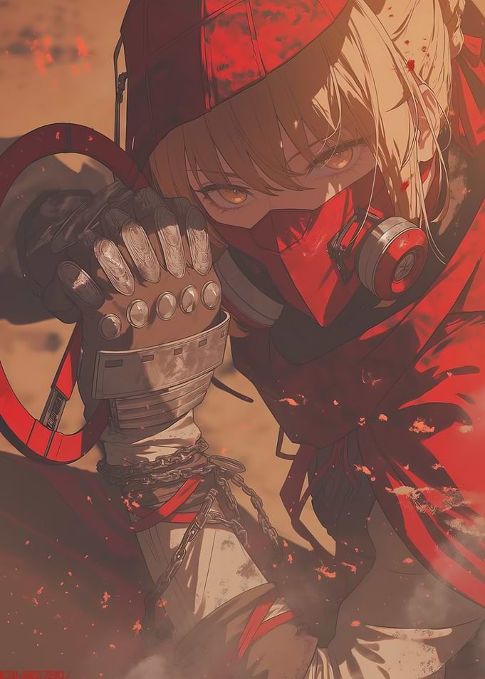 Anime Girl in Red Gas Mask and Hood