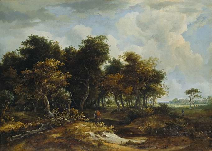 Woodland Path with Figures and Distant Village
