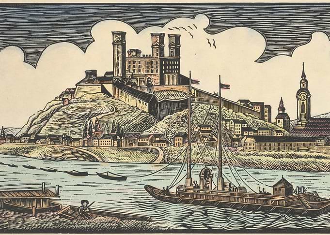 Riverfront Cityscape with Castle and Steamboat