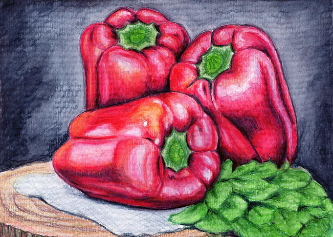 Three Red Bell Peppers with Greens