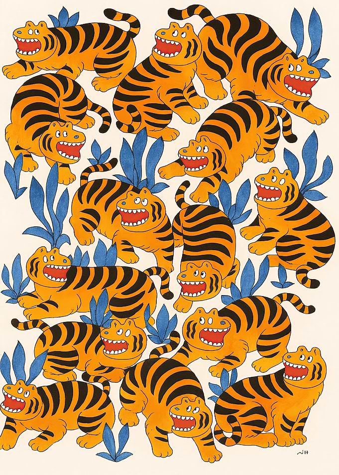 Group of Cartoon Tigers with Blue Plants
