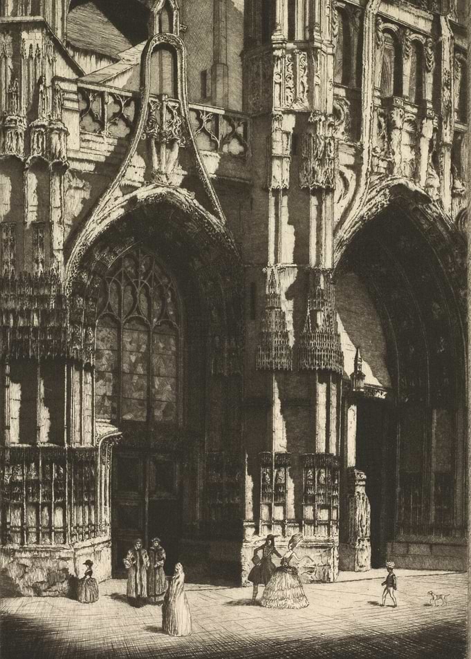 Gothic Cathedral Entrance with Figures
