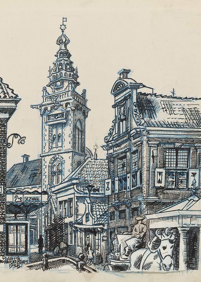 Vintage European Street Scene with Tower