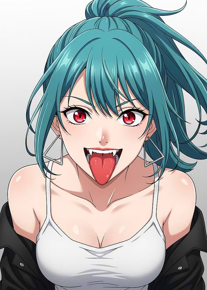 Anime Girl with Teal Hair and Fangs