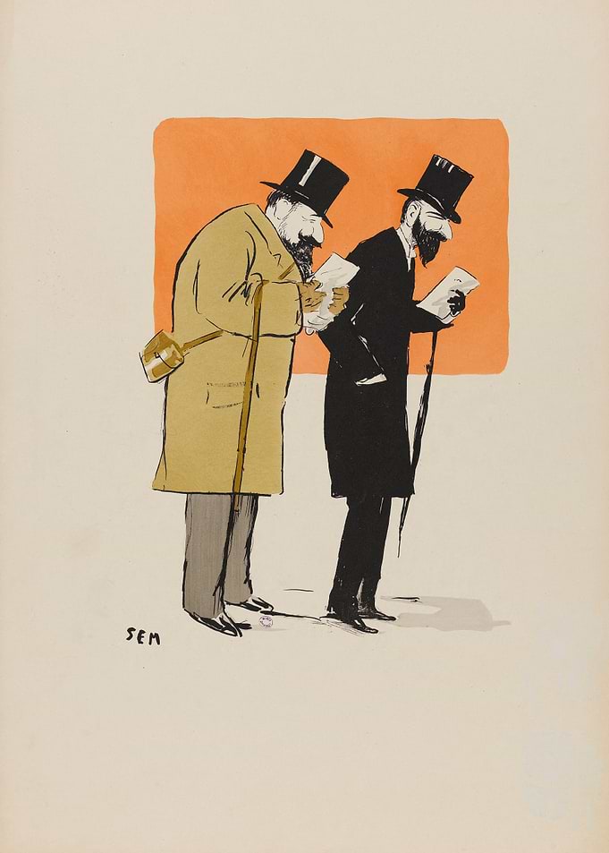 Two men reading in front of an orange background