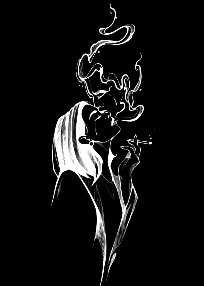 Couple smoking, smoke forming faces
