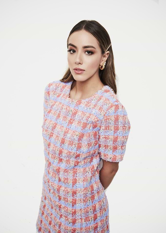 Chloe Bennet in a Tweed Dress