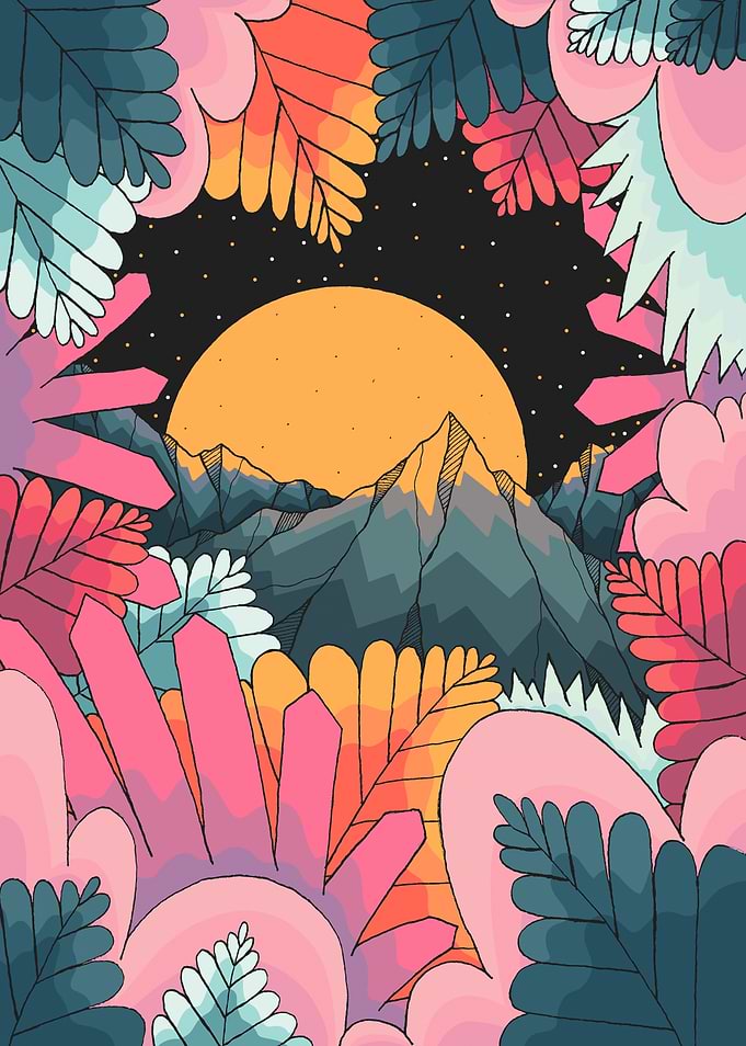 Surreal Mountain Landscape with Crystals and Flora