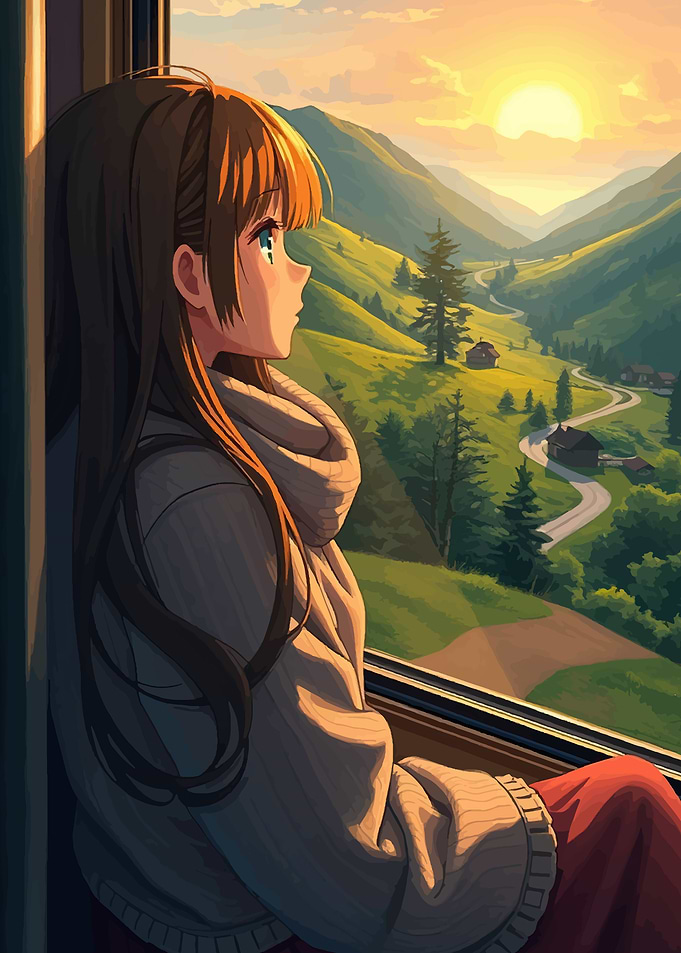 Anime Girl Gazing at Mountain Landscape