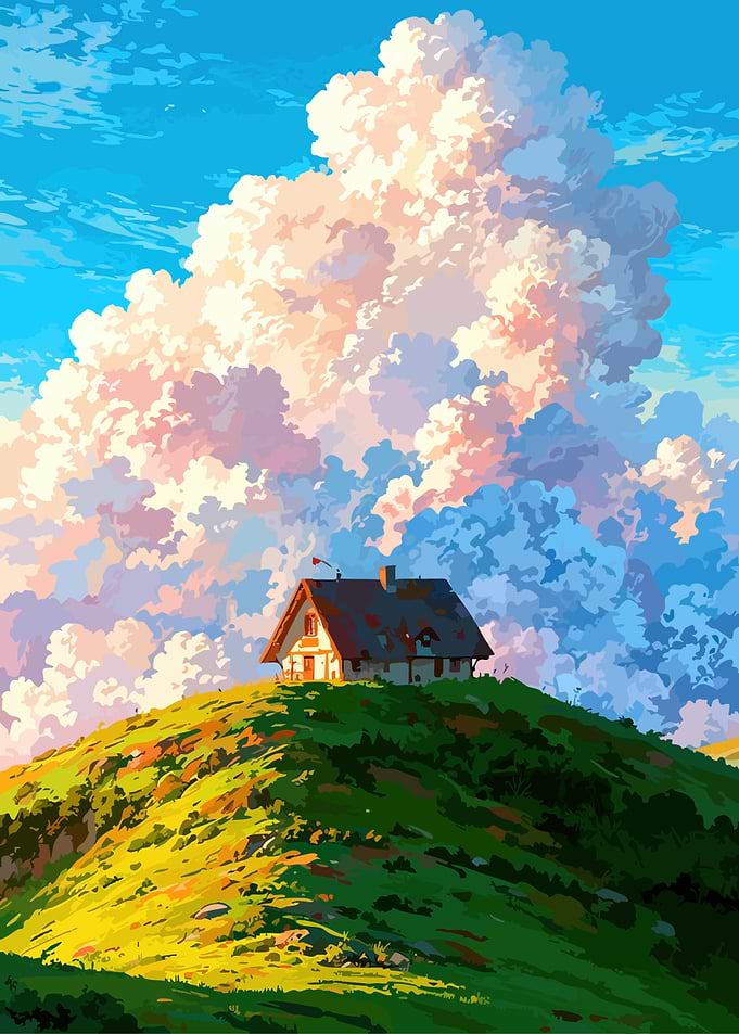 House on a hill with dramatic clouds