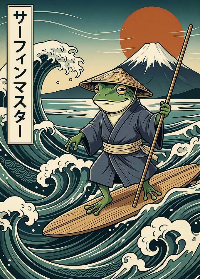Japanese Frog Surfing Master with Mount Fuji and Great Wave