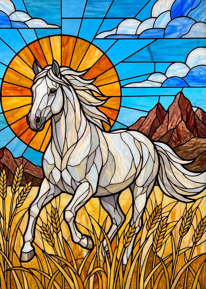 Stained Glass White Horse in Wheat Field