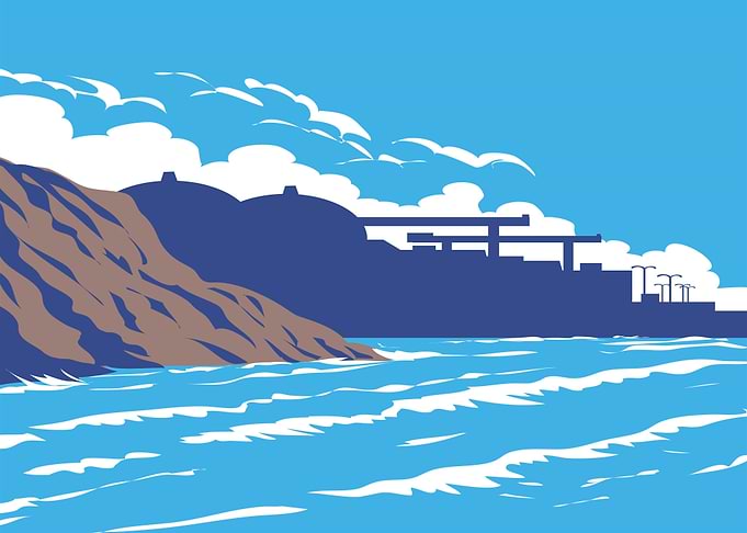 Industrial Coastline with Ocean Waves