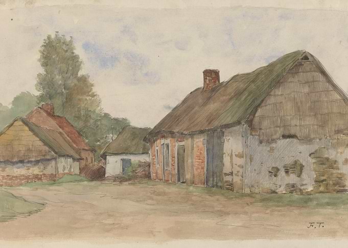 Rural Village Scene with Thatched Roof Houses