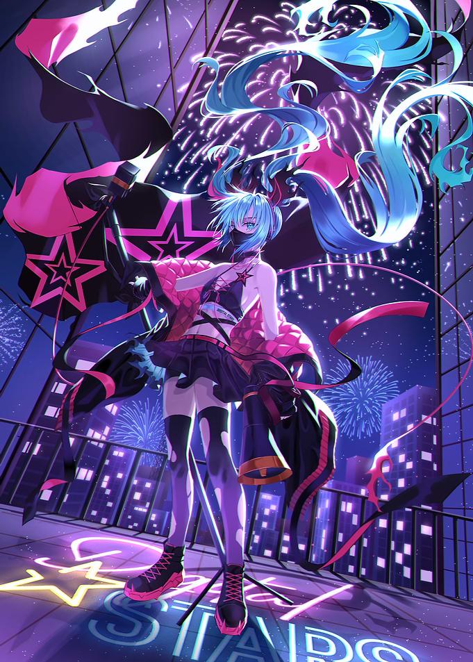 Anime Girl with Blue Hair at Night