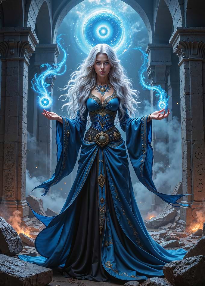 Fantasy Sorceress casting a blue magic spell