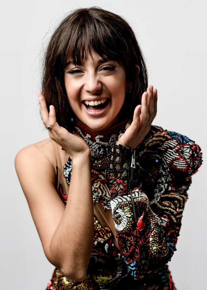Joyful María Pedraza in Embellished Outfit